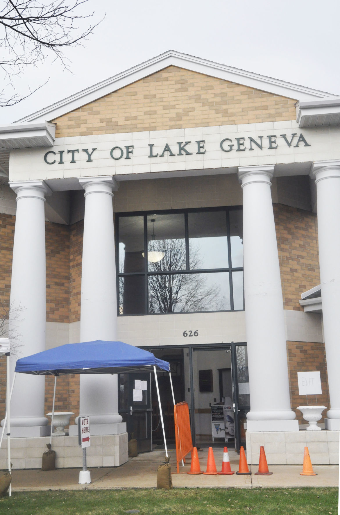 Lake Geneva City Hall front entrance Election Day April 7, 2020
